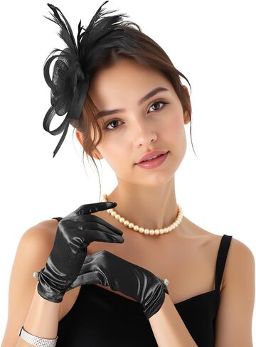 2Pcs 50s Fascinators Hats for Women Wedding Cocktail Flower Mesh Ribbons Feathers Church Tea Party Hats and Lace Glove in Kuwait