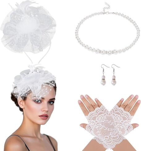 Fascinators Hat for Women Tea Party Veil Mesh Headband Feather Hat Half Lace Gloves Pearl Jewelry Set in Kuwait