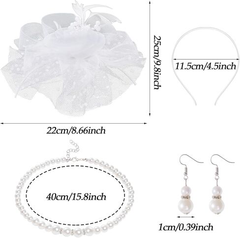 Fascinators Hat for Women Tea Party Veil Mesh Headband Feather Hat Half Lace Gloves Pearl Jewelry Set in Kuwait