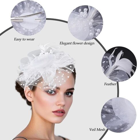 Fascinators Hat for Women Tea Party Veil Mesh Headband Feather Hat Half Lace Gloves Pearl Jewelry Set in Kuwait
