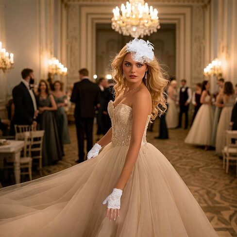 Fascinators Hat for Women Tea Party Veil Mesh Headband Feather Hat Half Lace Gloves Pearl Jewelry Set in Kuwait