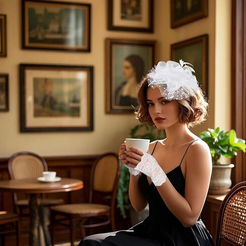 Fascinators Hat for Women Tea Party Veil Mesh Headband Feather Hat Half Lace Gloves Pearl Jewelry Set in Kuwait