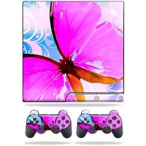 MightySkins Skin Compatible with Sony Playstation 3 PS3 Slim Skins + 2 Controller Skins Sticker Pink Butterfly