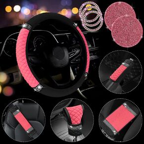11 PCS Bling Rhinestones Leather Car Accessories Set,Bling Steering Wheel Cover for Women,Center Console Armrest Pad Belt Cover Handbrake Gear Cover Coasters Full Set for Car SUV