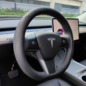Car Steering Wheel Cover for Tesla Model 3 Y Toyota Prius Honda Civic Audi A3 A5 A4 TT S3 S5 Chevy Camaro Corvette Porsche Boxster Subaru BRZ Accessories, Black Leather (14-14 1/4 inches)