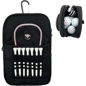 Golf Ball Bag Pouch with Front Tee Holder with Detachable Clip | Store 12-15 Balls | Zipper Pockets for Valuables and Accessories | Velcro Sleeve and 7 Front Tees Slots |Includes Bamboo Tees 3 1/4 in