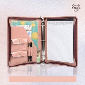 AZXCG Leather Portfolio 3 Ring Binder,Business Portfolio Blinder with Zipper Document Organizer Notepad Holder Legal Pad Holder Notebook Holder,Resume Folder Work Folio,Pink Vegan Leather,Women Folio
