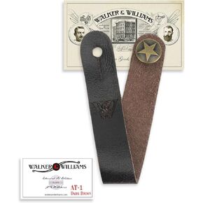 Walker & Williams AT-1-BRN Dark Brown Acoustic Guitar Grain Leather Strap Button Headstock Adaptor For Acoustic, Electric, And Bass Guitars