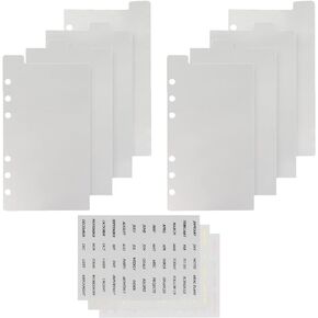 A6 4-Tabs Transparent Plastic Binder Divider Index Top Vertical Divider Set with Monthly Stickers, Clear 6 Holes Page Index Divider for 6-Rings Binder Loose Leaf Planner Journal