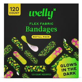 Welly Bandage Glow-in-The-Dark Refill Pack | Adhesive Flexible Fabric Bandages | Assorted Shapes and Patterns for Minor Cuts, Scrapes, and Wounds - 120 Count