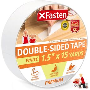 XFasten Double Sided Tape, Removable, 1.5-Inch by 15-Yards, Single Roll, Double Sided Adhesive Tape for Arts and Crafts, Woodworking, and Holding Down Carpets - Residue-Free