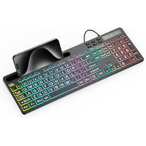 MARVO Large Print Backlit Keyboard, WK712 Wired Computer Keyboard with 7 Colors & 11 Modes Backlight, Silent Light Up Keyboard with Tablet Phone Holder, Full-Size Gaming Keyboard for Windows, Mac