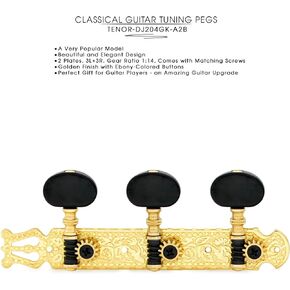DJ200AB-A1B TENOR Classical Guitar Tuners Professional Tuning Key Pegs/Machine Heads for Classical or Flamenco Guitar with Antique Brass Finish and Ebony Colored Buttons.