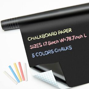 Chalkboard Contact Paper Roll - 17.3" x 78.7" (6.5 Feet) - 5 Chalks Included - Self Adhesive Chalk Paper Removable DIY Blackboard Wall Sticker for School, Office, Home, Art - Black Chalkboard Stickers
