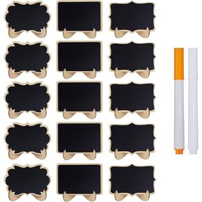 15 Pcs Mini Wooden Chalkboards Signs for Wedding and Food, Messages Signs, 3 Shapes Kinds of Board with 2 Chalk Markers