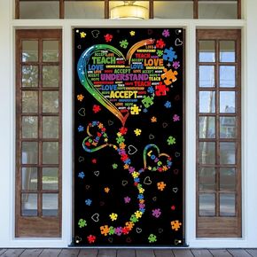 Autism Awareness Decorations Puzzle Piece Heart Love Needs No Words Door Cover Autism Awareness Banner Autism Awareness Decorations and Supplies for Home Party