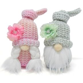 2 PCS Flower Farmhouse Gnomes Plush Decor Spring Summer Time Gifts Swedish Tomte Crochet Knotted Gnome Doll Tiered Tray Nisse Elf Decorations for Home