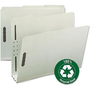 Smead 100% Recycled Pressboard Fastener File Folder, 2 Fasteners, 1/3-Cut Tab, 3" Expansion, Letter Size, Gray/Green, 25 per Box (15005)