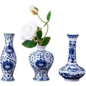 Set of 3 Small Blue & White Porcelain Vases, Fambe Glaze Porcelain Vases Set of 3, Classic Ceramic Flower Vases for Home Décor
