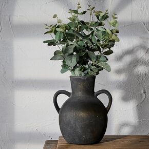 SIDUCAL Rustic Ceramic Farmhouse Flower Vase with 2 Handles, Whitewashed Terra Cotta Vase, Decorative Pottery Flower Vase for Home Decor, Table, Living Room, Shelf Decor, 7.3 Inch, Terra