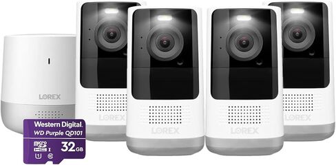 Lorex Home Hub سعة 32 جيجابايت مع أربع كاميرات مراقبة داخلية وخارجية قابلة لإعادة الشحن تعمل ببطارية 2K، باللون الأبيض - متوافق مع المنزل الذكي، مستشعر صور بدقة 4 ميجابكسل، اكتشاف الإنسان، رؤية ليلية ملونة in Saudi Arabia