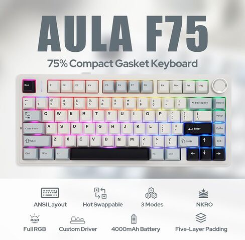 EPOMAKER x Aula F75 Gasket Mechanical Keyboard, 75% Wireless Hot Swappable Gaming Keyboard with Five-Layer Padding&Knob, Bluetooth/2.4GHz/USB-C, RGB (Sea Salt Blue, Crescent Switch) in Saudi Arabia