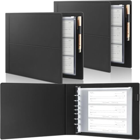 قطعتان من مجلد الشيكات المكون من 7 حلقات لفحص الأعمال من جلد البولي يوريثان، مع حقيبة بسحاب مقاس 14 × 10 بوصة، حامل دفتر شيكات لمستلزمات مجلدات المكتب، أسود in Kuwait