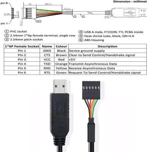 كابل تسلسلي 6FT FTDI USB إلى TTL 5V، 0.1 بوصة، 6pin Dupont أنثى مقبس رأس مدمج IC FT232RL Chip UART محول Debug Cable متوافق مع Windows 10،7،8،Linux وMac OS in Saudi Arabia