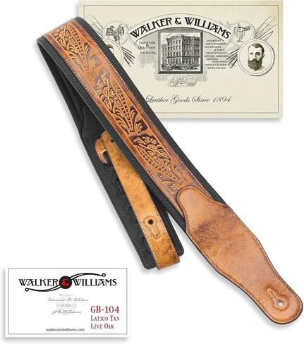 حزام جيتار Walker & Williams GB-104 Latigo Tan مبطن بنمط البلوط الحي للقيثارات الصوتية والكهربائية والباس in Saudi Arabia
