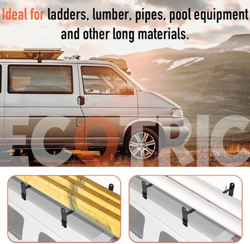 ECOTRIC Cross Bar 53"-66" متوافق مع 1999-2022 Chevy Express GMC Savana Ford E Series سلم رف لشاحنة السقف رف سلم الناقل مزراب المطر الصلب شديد التحمل باللون الأسود in Kuwait