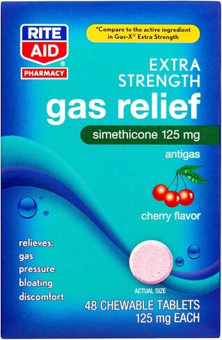 Rite Aid Gas Relief Extra Strength Chewable Tablets - 48 Count, Simethicone Antigas Chewables, 125 mg | Gas and Bloating Relief | Anti Gas | Bloating Relief for Women and Men | Acid Reflux Medicine in Kuwait