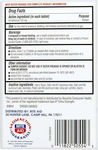 Rite Aid Gas Relief Extra Strength Chewable Tablets - 48 Count, Simethicone Antigas Chewables, 125 mg | Gas and Bloating Relief | Anti Gas | Bloating Relief for Women and Men | Acid Reflux Medicine in Kuwait