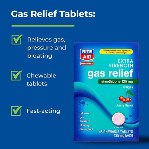 Rite Aid Gas Relief Extra Strength Chewable Tablets - 48 Count, Simethicone Antigas Chewables, 125 mg | Gas and Bloating Relief | Anti Gas | Bloating Relief for Women and Men | Acid Reflux Medicine in Kuwait