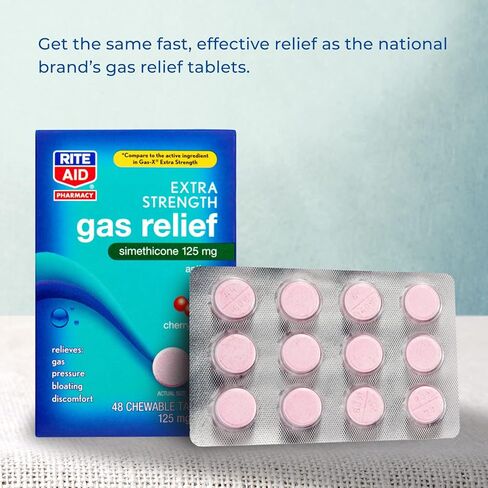 Rite Aid Gas Relief Extra Strength Chewable Tablets - 48 Count, Simethicone Antigas Chewables, 125 mg | Gas and Bloating Relief | Anti Gas | Bloating Relief for Women and Men | Acid Reflux Medicine in Kuwait