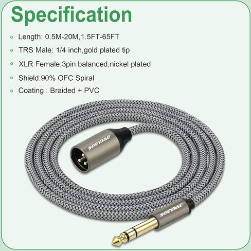 6.35mm (1/4 Inch) TRS Male to XLR Male 3M/10FT,Nylon Braid Balanced Interconnect Cord Patch Cable，for Microphones, Mixers, Power amps in Saudi Arabia