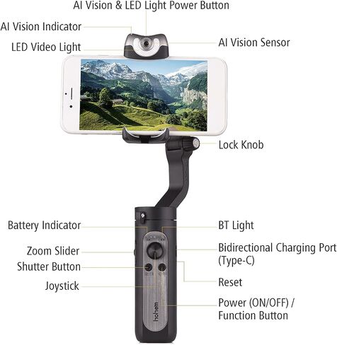 Hohem iSteady V2 AI Visual Tracking Gimbal Stabilizer 3-Axis خفيف الوزن قابل للطي LED فيديو Gimbal لـ Vlog Live YouTube لـ iPhone12 Pro/Max Samsung S20 in Saudi Arabia