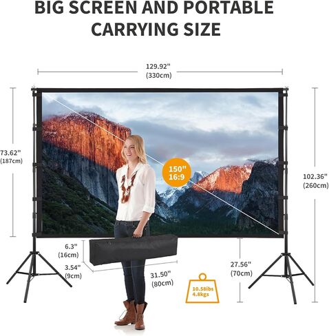 شاشة عرض محمولة مع حامل، 150 بوصة 16:9، شاشة عرض خارجية، قابلة للطي والكي والغسل، شاشة عرض أمامية وخلفية، فكرة للسينما المنزلية، والأعمال التجارية، وحفلات الفناء الخلفي. in Kuwait