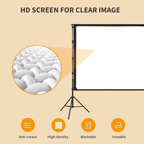 شاشة عرض محمولة مع حامل، 150 بوصة 16:9، شاشة عرض خارجية، قابلة للطي والكي والغسل، شاشة عرض أمامية وخلفية، فكرة للسينما المنزلية، والأعمال التجارية، وحفلات الفناء الخلفي. in Kuwait