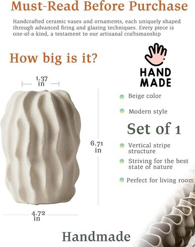 White Textured Striped Ceramic Vase, Handmade Neutral Beige Vases Home Decor,Vintage Farmhouse Flower Vase Home Décor for Dried Pampas Grass, Living Room, Cafe Table Decor(6.7X4.7in) in Saudi Arabia