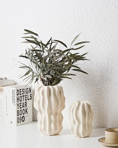 White Textured Striped Ceramic Vase, Handmade Neutral Beige Vases Home Decor,Vintage Farmhouse Flower Vase Home Décor for Dried Pampas Grass, Living Room, Cafe Table Decor(6.7X4.7in) in Saudi Arabia