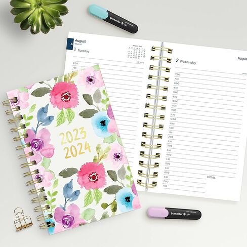 Blueline Essential Academic Daily/Monthly Planner, August 2023 to July 2024, Gold Twin-Wire Binding, Poly Cover, 8" x 5", Blossom Design, Pink (CA214PG.01-24) in Saudi Arabia