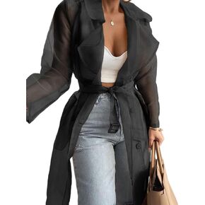 Chicme Women Longline Trench Coat Shime Mesh Sleeve Buttared Coattransparent Coat مع حزام