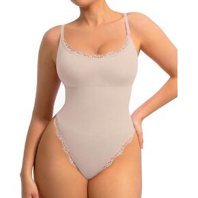 FeelinGirl Lace Bodysuits for Women Shapewear Tummy Control Thong Cami Bodysuit Tops with Adjustable Spaghetti Straps