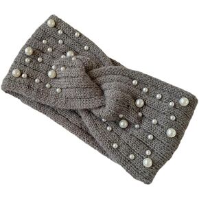 VALICLUD Grey Knitted Headband for Women, Warm Pearl Ear Warmer, Cozy Fleece Hair Band for Ice Skating, Running, Skiing, Outdoor Activities, Stylish Elastic Design, 8.66 X 4.33 X 0.78 Inches