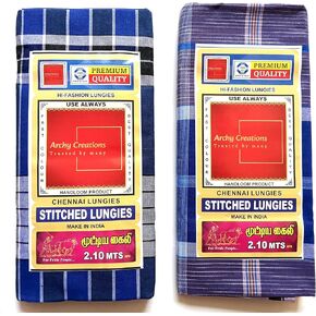 Lungi القطن الممتاز ، Handloom Chennai التقليدية ، 2.10 متر ، خطوط زرقاء وأرجواني ، حزمة 2