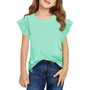 Haloumoning Girls Ruffle Short Sleeve T Shirts Sequin Casual Cute Crewneck Tops Blouses 5-14Y