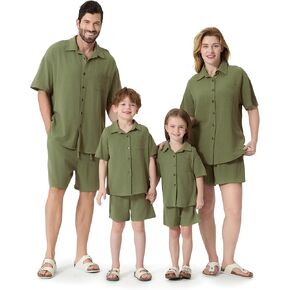 PATPAT Family Matching Linen Outfits, Breathable Short Sleeve Summer Linen Outfits for Men, Women, and Kids