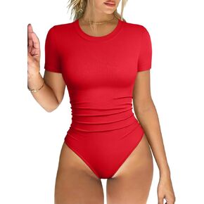 OQQ Women's Crew Neck Short Sleeve Bodysuit Ruched Stretch Vacation Basic for Tops Spring & Summer
