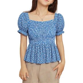Seechoslo 2025 Tween Girls’ Cute Short Sleeve Square Neck Smocked Elastic Short Sleeve Woven Shirt Top