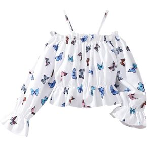 WDIRARA Girl's Butterfly Print Cold Shoulder Blouse Long Flounce Sleeve Peplum Top